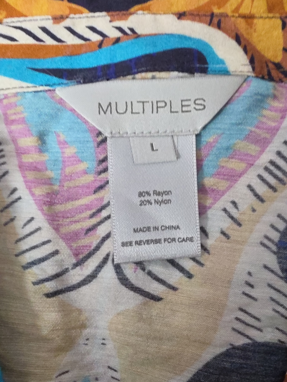 Multiples L Boho Print Button Front Blouse Colorful Tunic Top Womens 3/4 Sleeve - Picture 3 of 9